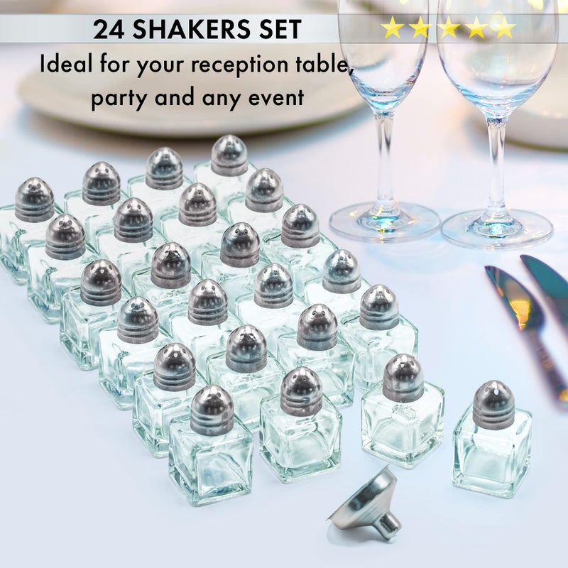 Srenta Set of 24 Small Salt and Pepper Shakers, Bulk Salt and Pepper Shakers with Funnel Tool, Clear Glass Mini Salt and Pepper Shakers Set with Stainless Steel Tops for Wedding Table & Party, 0.5 oz - Image 4